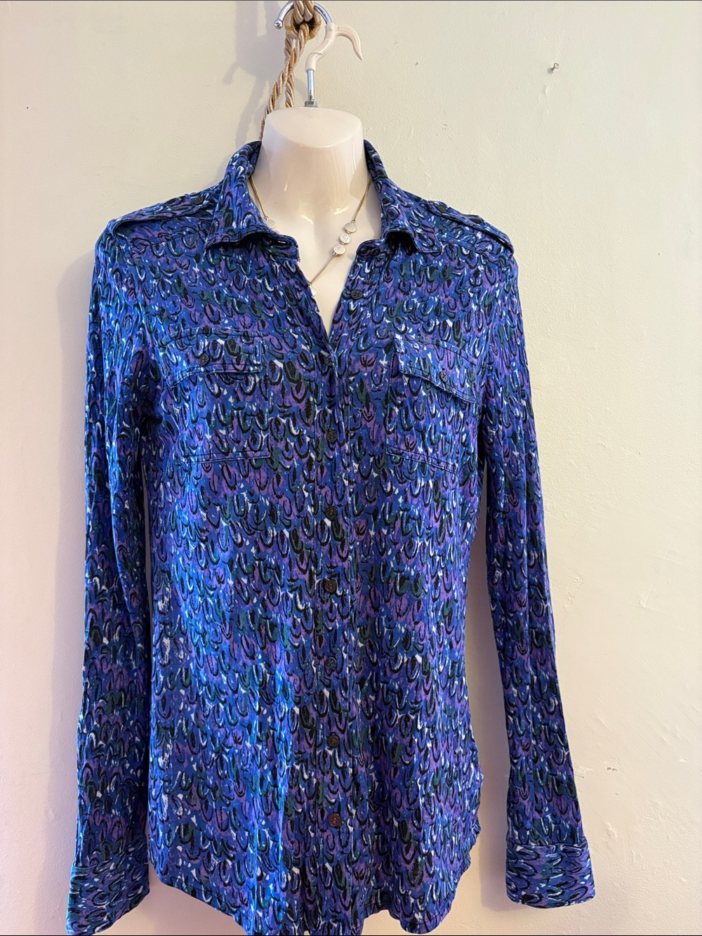 Tory Burch Blue and Purple Printed Button-Down Shirt. 100. Silk